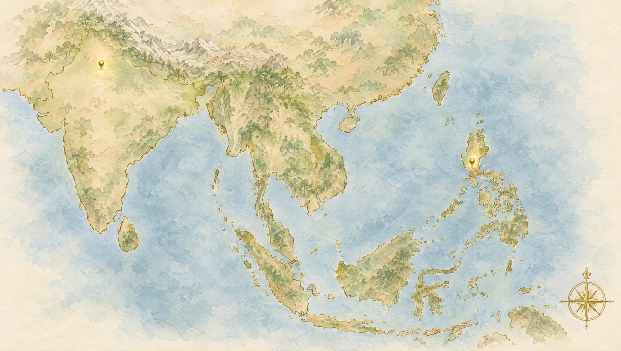 Map from New Delhi, India to the Philippines
