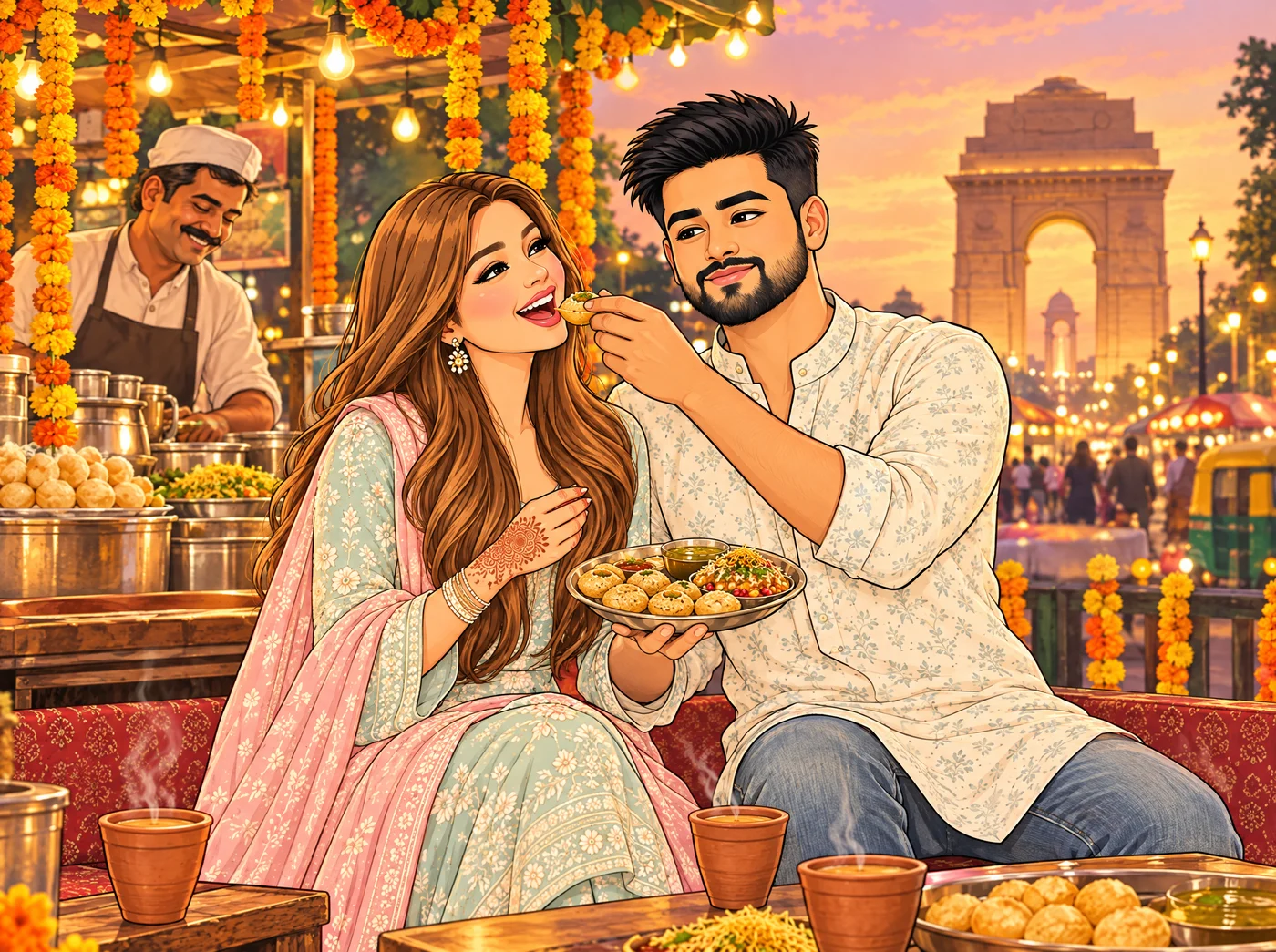 Claire and Ishan sharing street food in Delhi