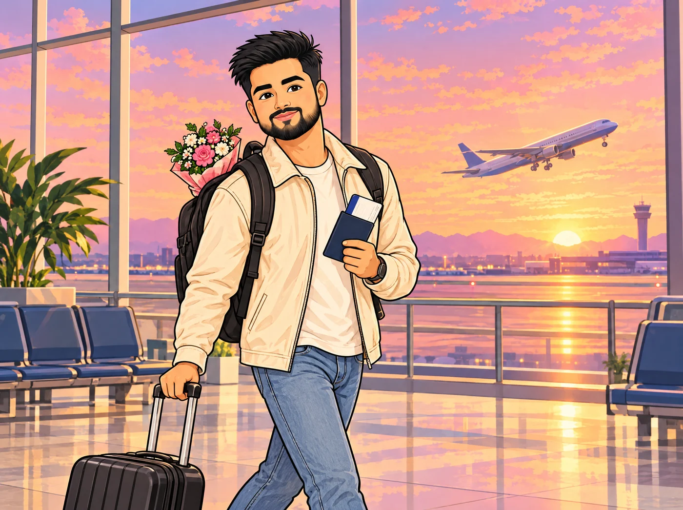 Ishan at the airport with flowers, ready to fly