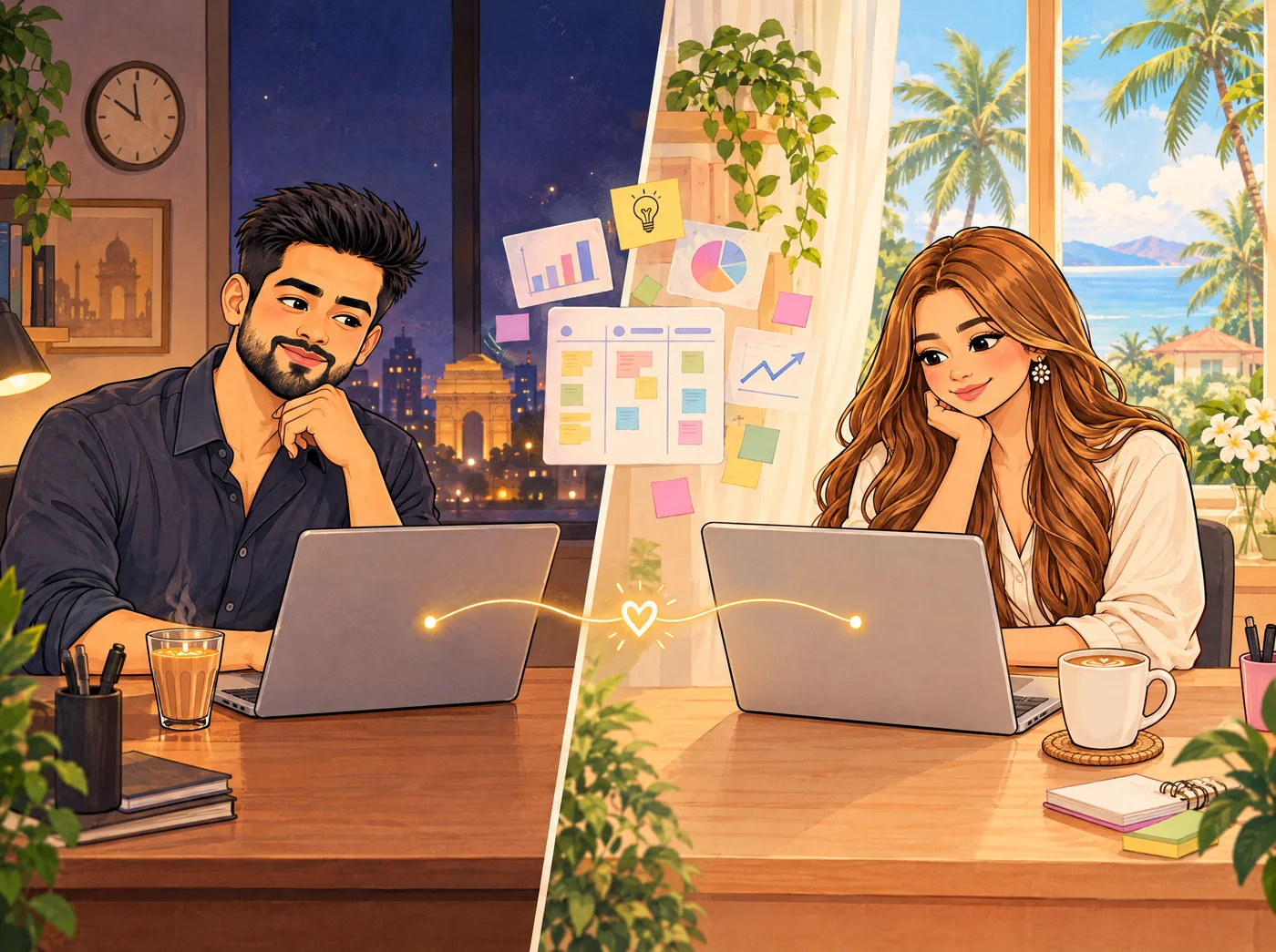 Ishan and Claire working on the same project over video call